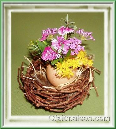 Coquille d'œuf avec des petites fleurs fraîches dans un nid fait maison avec des tiges de vigne vierge.