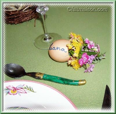 Coquille d'oeuf avec des petites fleurs fraches servant de marque-place.