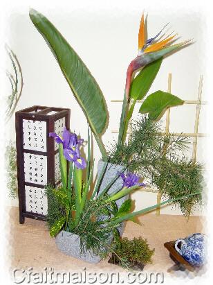 Un vase droit et haut avec strelitzia, oiseau de Paradis et branche de pin, un vase bas et large avec iris et aucuba, un petit carrelage avec de la mousse.