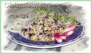 Mlange riz blanc, noir, quinoa rouge et boulgour de mas.